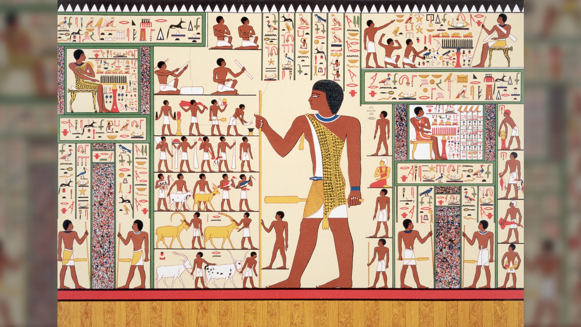 Wall Painting with Egyptian Hieroglyphics from Tomb 24, Giza. There are lots of images of people wearing wraparound white linen skirts doing various activities, such as herding cattle, carrying tools, scribing, and worshiping.