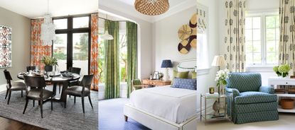 Should your curtains match your wall color? Dining room with orange patterned curtains, bedroom with green curtains, cozy corner with armchair with cream patterned curtains