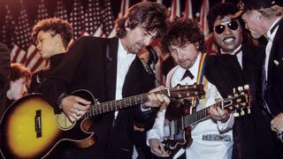 George Harrison, Bob Dylan, Little Richard and Mike Love of The Beach Boys performing at the 1988 Rock & Roll Hall Of Fame awards ceremony at the Waldorf Astoria Hotel in New York City on January 20, 1988.