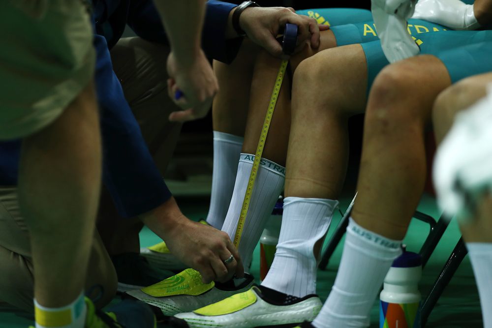 The socks of team Australia are checked before the Women's Team Pursuit