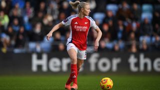 Leah Williamson of Arsenal runs with the ball during the Barclays Women's Super League match between Manchester City FC and Arsenal FC at Joie Stadium on February 02, 2025 in Manchester, England. 