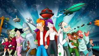 promotional poster for "futurama" showing the main characters in the foreground and a spaceship in the background.