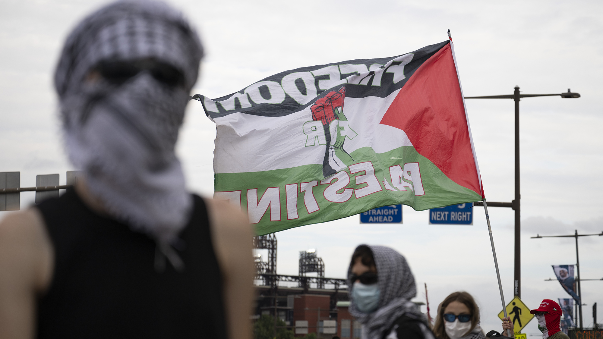 Demonstrators protest outside of an Ed Sheeran concert on September 19, 2026 in Philadelphia, Pennsylvania. Ed Sheeran is facing a backlash after rapper Macklemore was removed from the US tour after making a pro-Palestine comment on-stage.