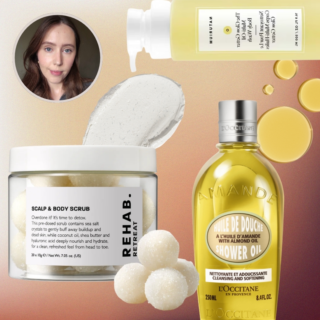 Digital Beauty Writer, Naomi Jamieson is pictured in the top left, along with a collage of her autumn bodycare favourites, including Rehab.&#039;s scalp and body scrub, Naturiums Shower oil and L&#039;Occitane&#039;s shower oil/ featured in a brown, orange and cream gradient template with lotion swatches/