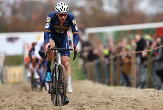 Belgian Toon Aerts competes during the men's race of the Superprestige Merksplas cyclocross event, fourth stage (4/8) of the Superprestige cyclocross cycling competition in Merksplas on November 16, 2024. (Photo by DAVID PINTENS / Belga / AFP) / Belgium OUT (Photo by DAVID PINTENS/Belga/AFP via Getty Images)