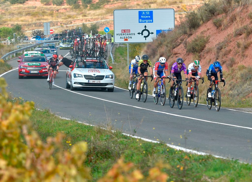 Cyclists ride in Ventosa during the 8th stage of the 2020 La Vuelta cycling tour of Spain a 164 km race from Logrono to Alto de Moncalvillo on October 28 2020 Photo by ANDER GILLENEA AFP Photo by ANDER GILLENEAAFP via Getty Images
