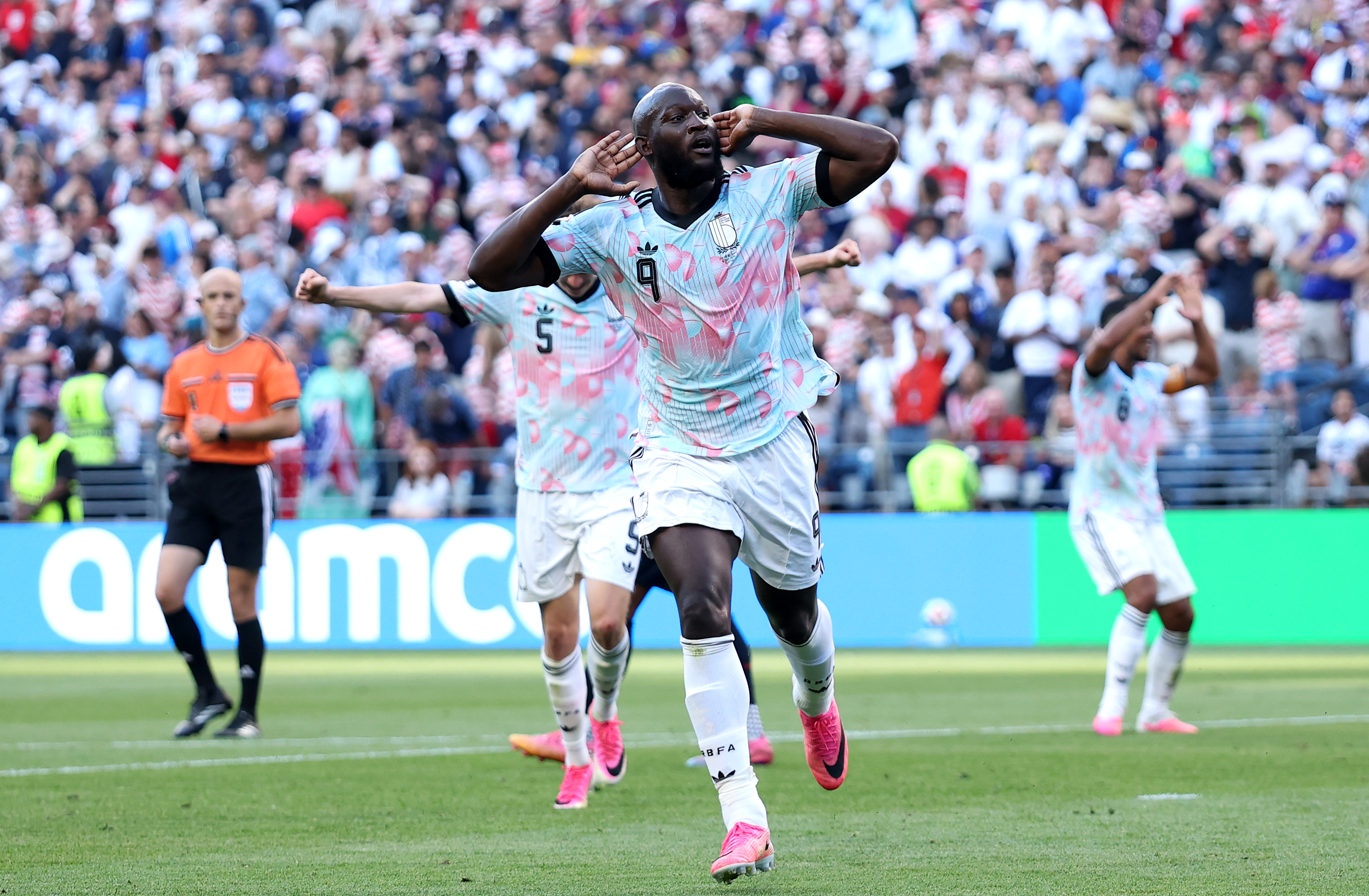 SEATTLE, WASHINGTON - JULY 06: Romelu Lukaku #9 of Belgium celebrates scoring his team&amp;apos;s fourth goal during the FIFA World Cup 2026 Round of 16 match between USA and Belgium at Seattle Stadium on July 06, 2026 in Seattle, Washington. (Photo by Jamie Squire/Getty Images)