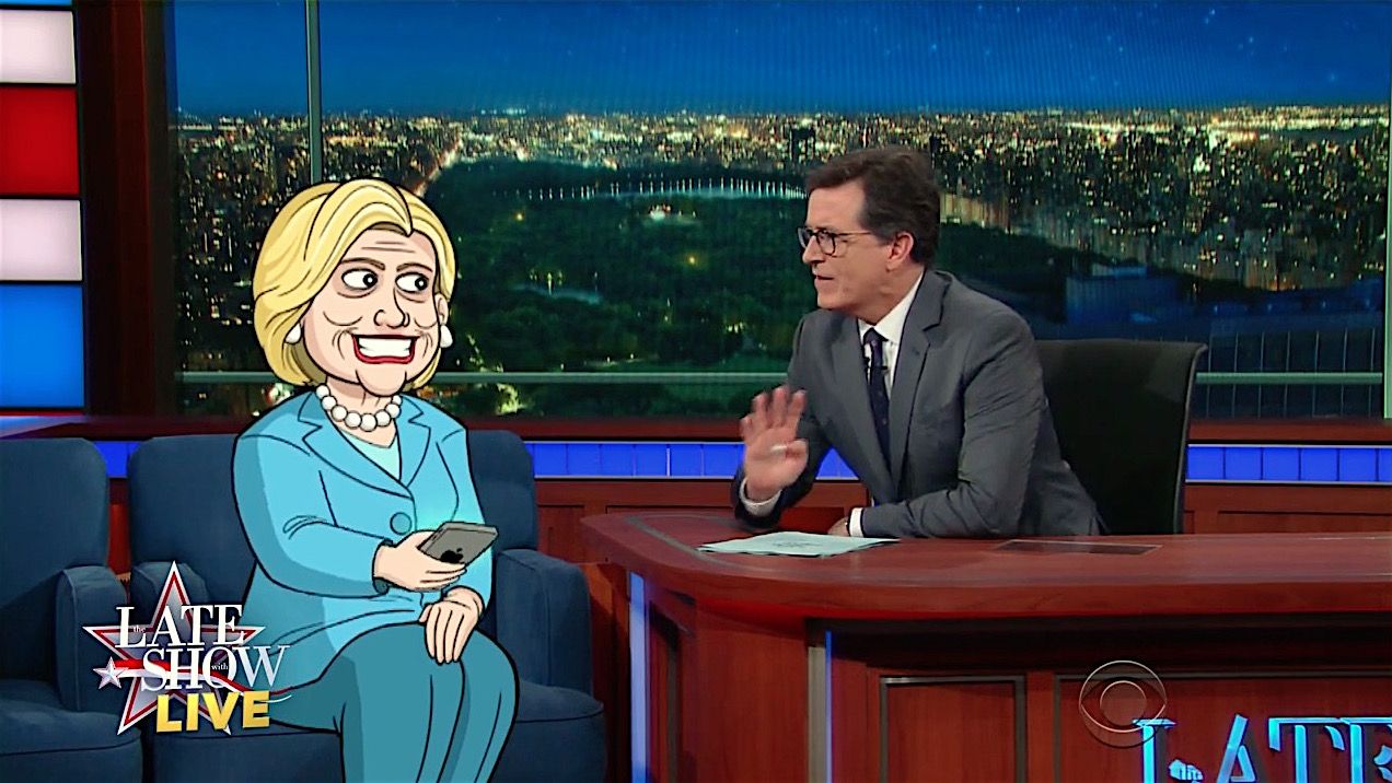 Stephen Colbert interviews Cartoon Hillary Clinton