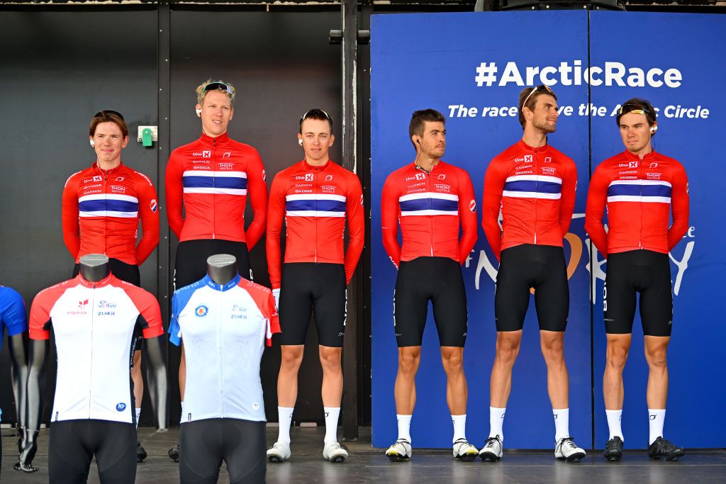 KAUTOKEINO NORWAY AUGUST 17 Odd Christian Eiking of Norway Ludvik Holstad of Norway Peder Antoni Gravs of Norway Iver Knotten of Norway Torbjrn Red of Norway Ulrik Tvedt of Norway and Team Norway prior to the 10th Arctic Race of Norway Stage 1 a 171km stage from Kautokeino to Alta UCIWT on August 17 2023 in Kautokeino Norway Photo by Luc ClaessenGetty Images