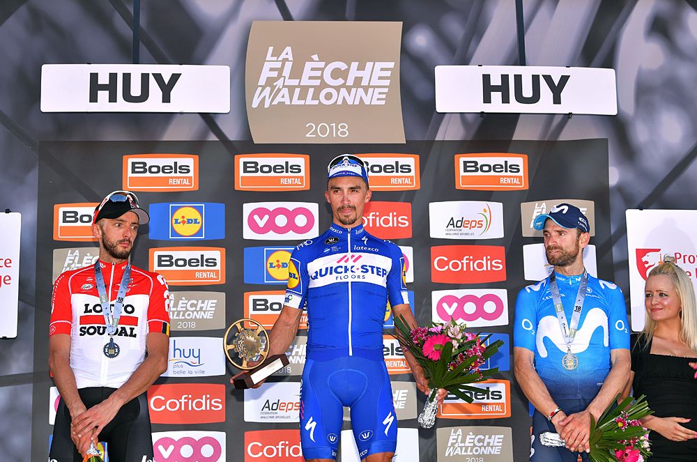 Julian Alaphilippe (Quick-Step Floors) wins La Fl&egrave;che Wallonne, Alejandro Valverde (Movistar) second and Jelle Vanendert (Lotto Soudal)