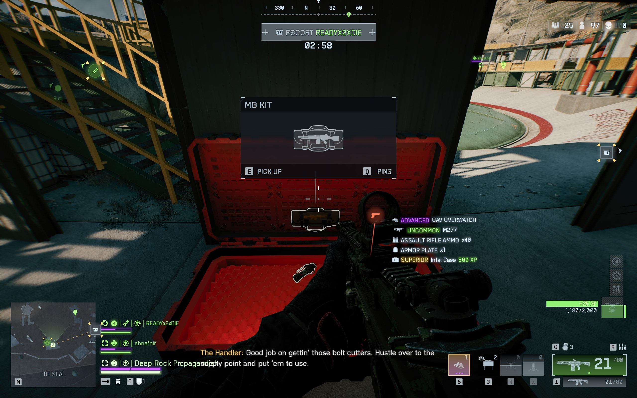 Battlefield Redsec weapon upgade kits: An MG kit inside a crate under a metal walkway.