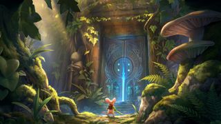 A little mouse looks up a huge doors