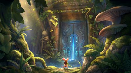 A little mouse looks up a huge doors