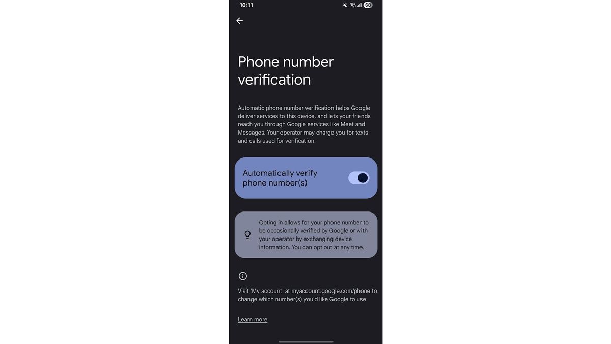 The phone number verification screen on an Android phone