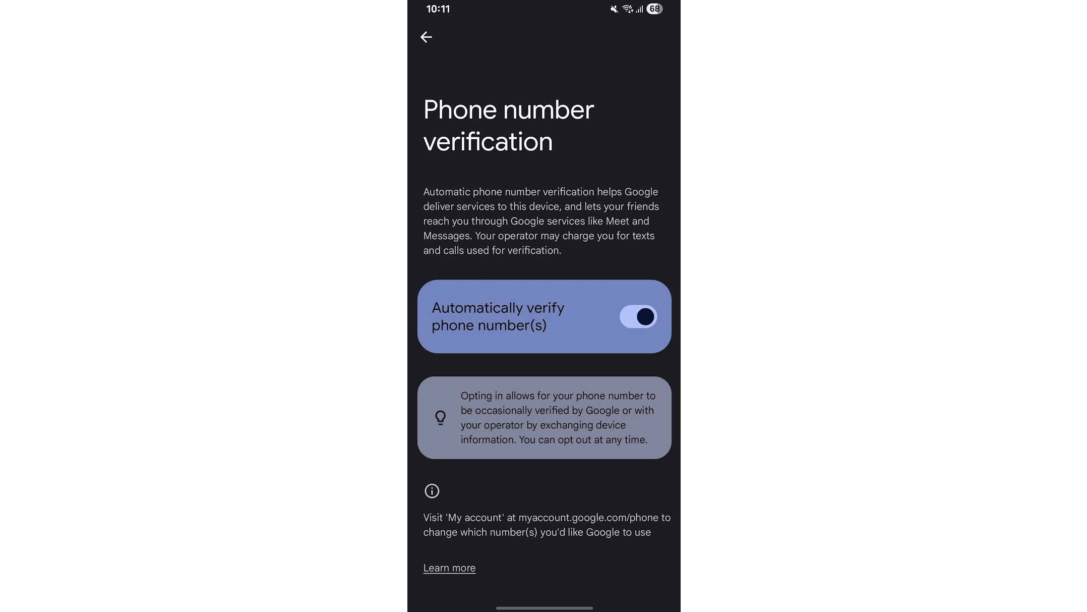 The phone number verification screen on an Android phone