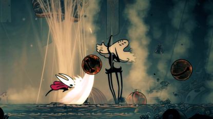 Hornet strikes a falling bell as the boss Widow tugs on silk to trigger more traps in Hollow Knight: Silksong