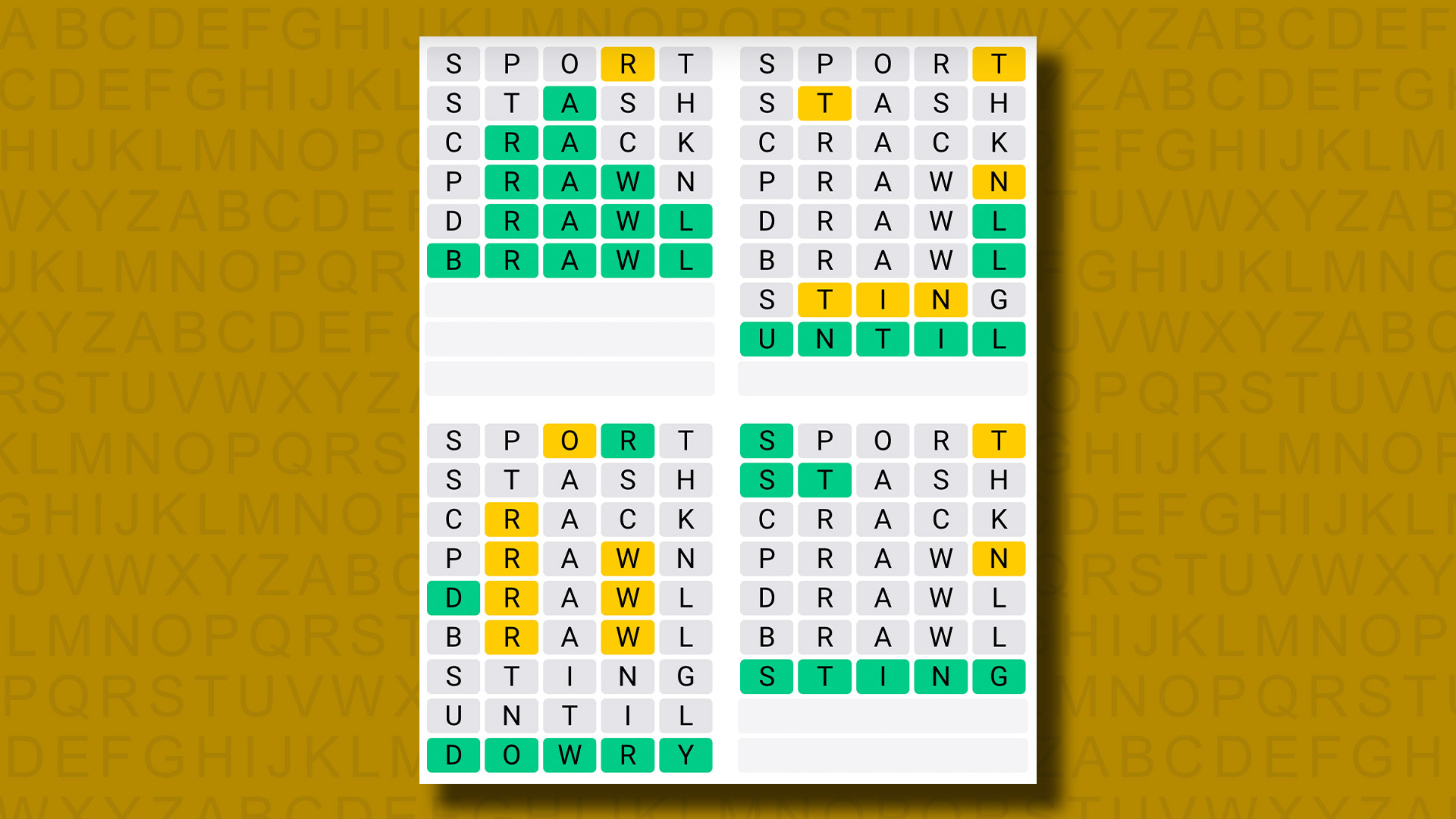 Quordle answers for game 1047 on a yellow background