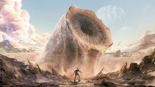 Giant sandworm breaching out of the desert in front of a tiny human.