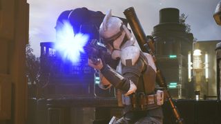 A clone trooper firing a blaster in Star Wars Zero Company.
