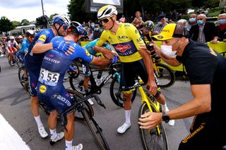 Mathieu van der Poel (Alpecin-Fenix) congratulates Mark Cavendish after stage 4 of the Tour de France