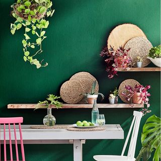 green painted wall with wooden shelves and white dining table