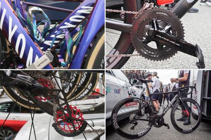 Tour de France tech insights collage including Tadej Pogacar&#039;s bike