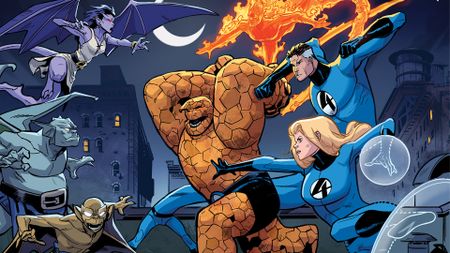 The Fantastic Four meeting Angela, Broadway, and Lexington of the Gargoyles