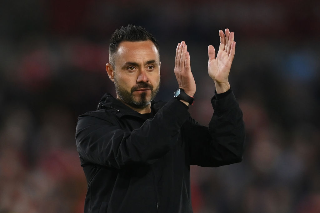 Roberto De Zerbi, Manager of Brighton & Hove Albion applauds fans after the Premier League match between Brentford FC and Brighton & Hove Albion at Brentford Community Stadium on October 14, 2022 in Brentford, England.
