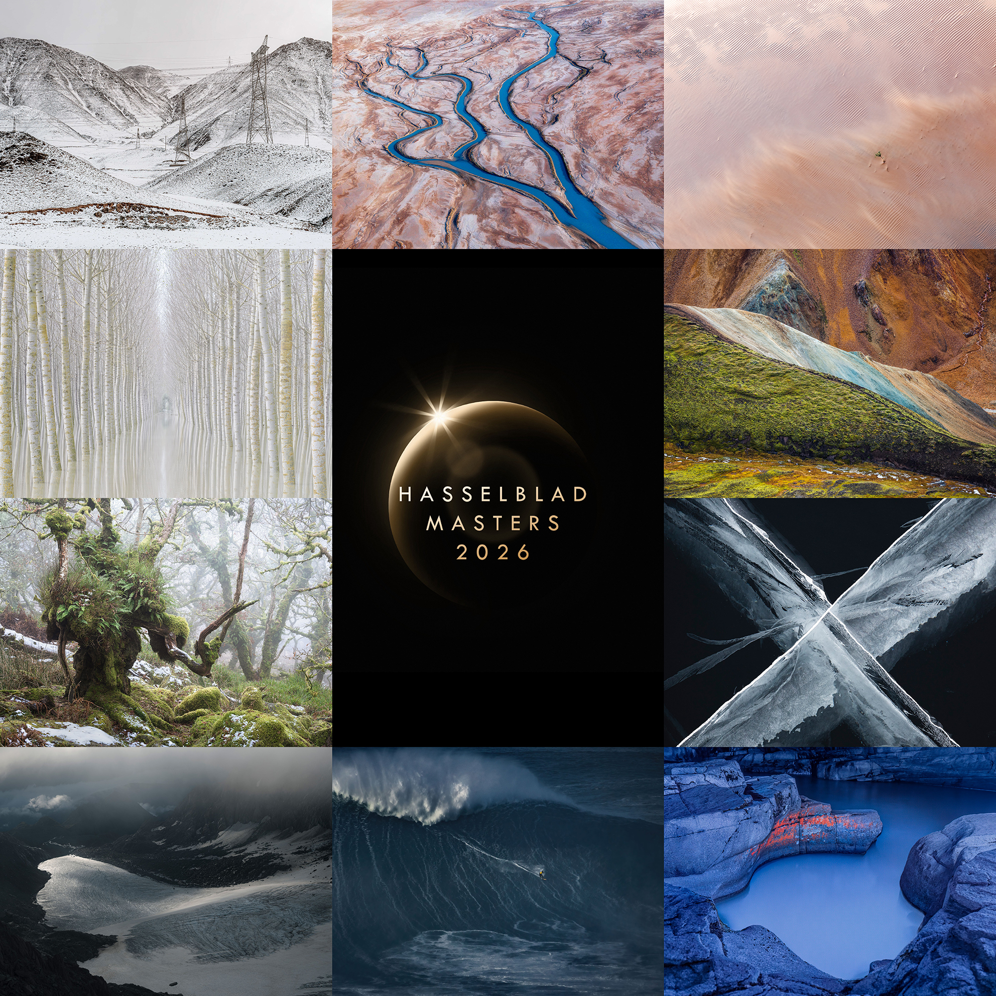 Collage of diverse landscapes: snowy mountains, winding river, desert, misty forest, lush foliage, aurora, icy water, and ocean wave, centered by "Hasselblad Masters 2026"
