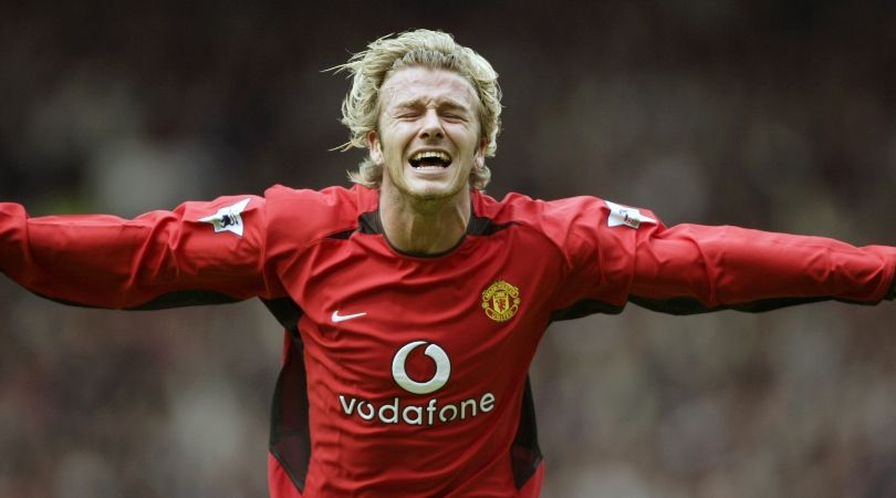 David Beckham celebrates after scoring for Manchester United against Charlton in 2003.