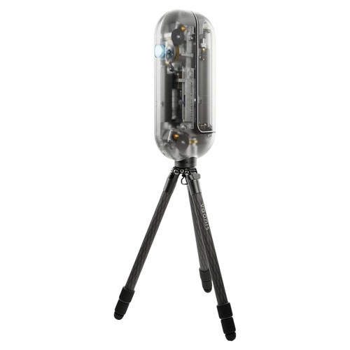 The Vespera X on a tripod on a white background.