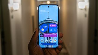 Pixel 10 display inside a dimly lit hallway