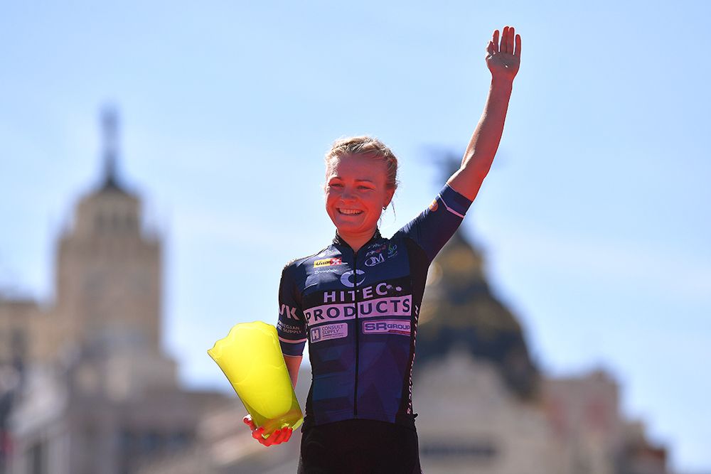 Emilie Moberg on the la Madrid Challenge podium as the points classification winner