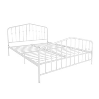 A white metal frame bed