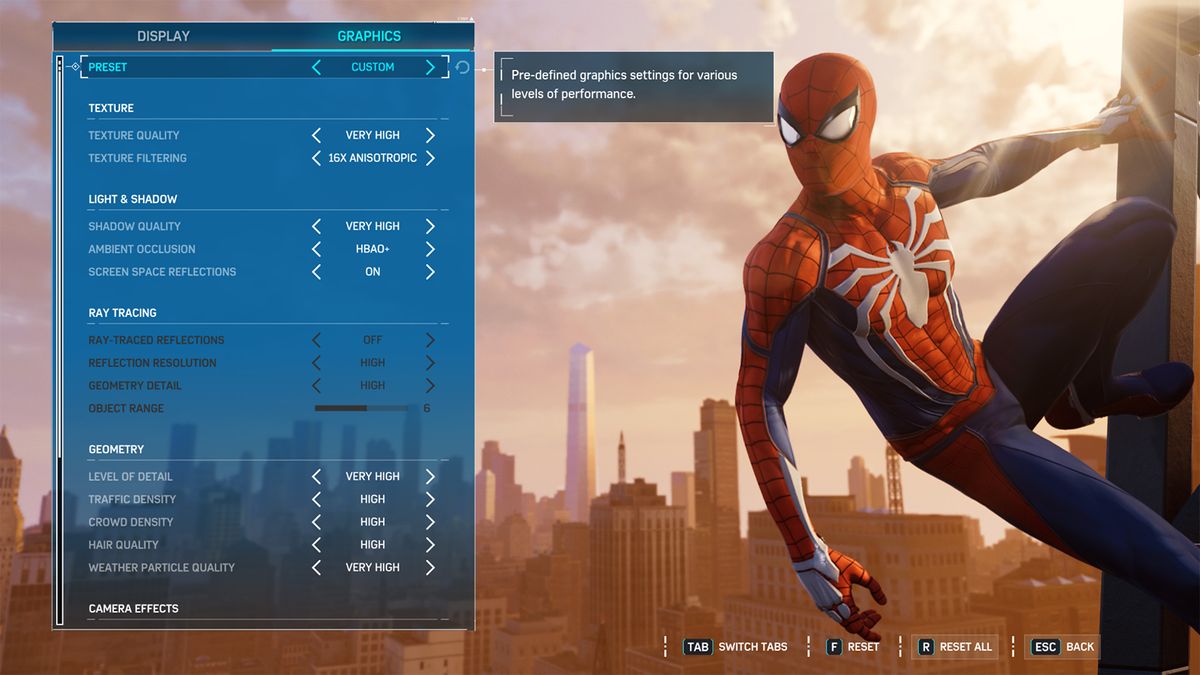 Spider-Man Remastered settings