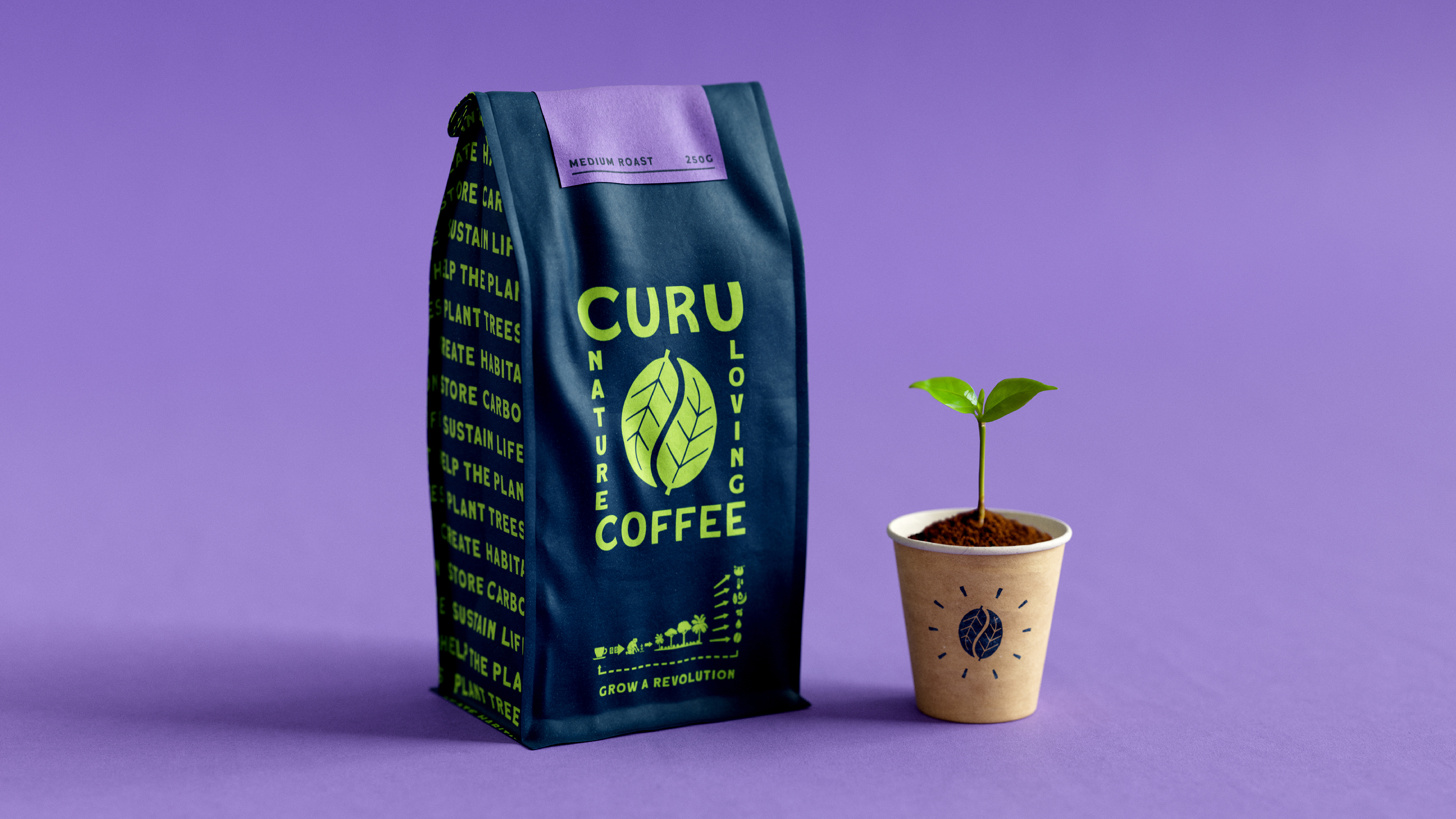 Curu coffee bag of coffee with plant next to it