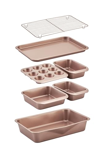 Wiltshire 7 Piece Smart Stack Bakeware Set Rose Gold – Non-Stick Baking Trays, Cake Tins, Muffin Pan and Roasting Pan. Space-Saving Storage Solution in Gift Box
