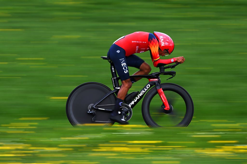CHTELSAINTDENIS SWITZERLAND APRIL 28 Egan Bernal of Colombia and Team INEOS Grenadiers sprints during the 76th Tour De Romandie 2023 Stage 3 a 1875km individual time trial stage from ChtelSaintDenis to ChtelSaintDenis UCIWT on April 28 2023 in ChtelSaintDenis Switzerland Photo by Dario BelingheriGetty Images