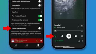 Close-ups of Spotify's Smart Shuffle disable function 