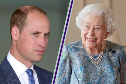 Prince William side by side with Her Majesty the Queen in a purple and green split template