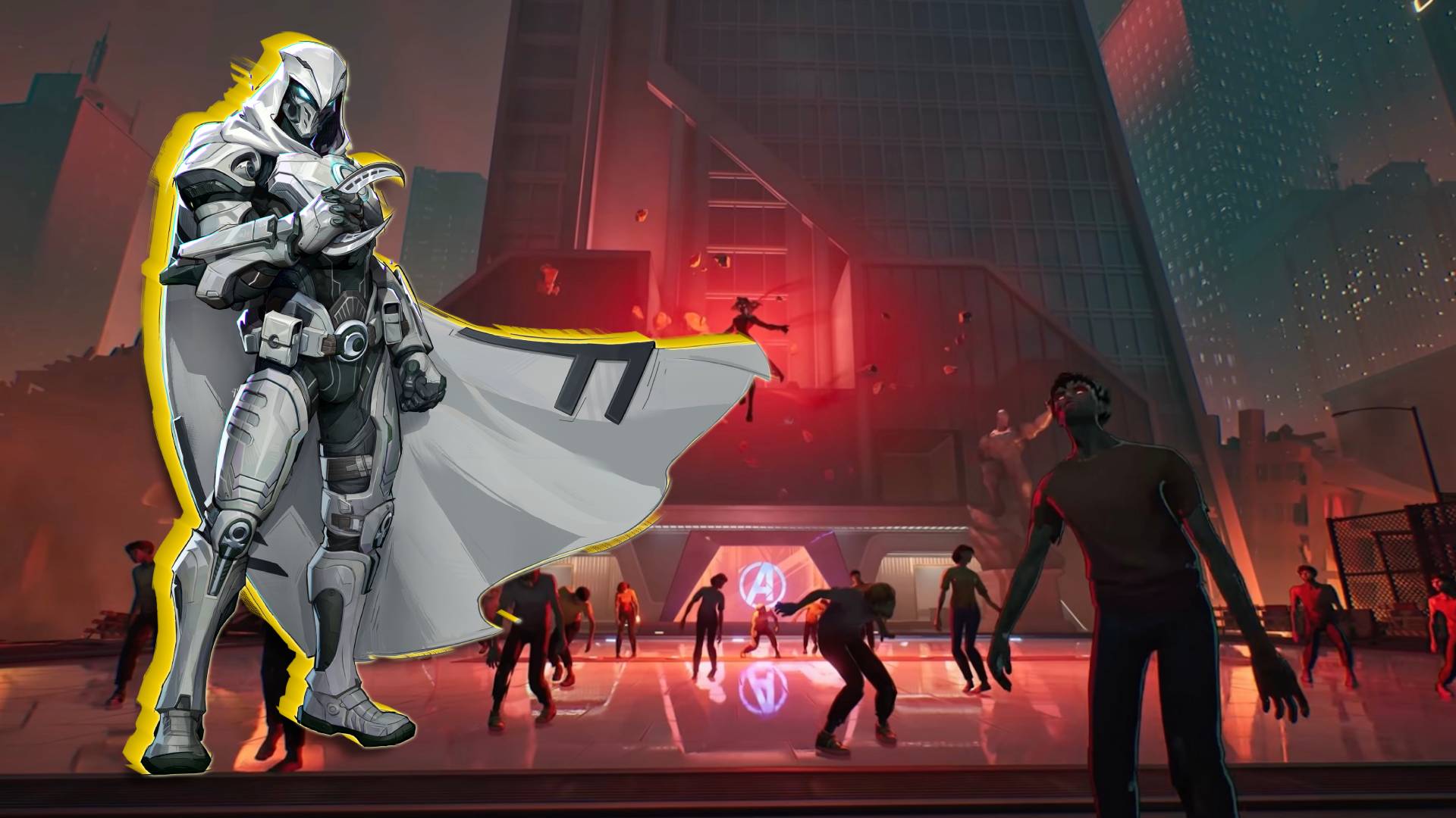 Moon Knight stands against a backdrop of the Avengers Tower overrun by zombies