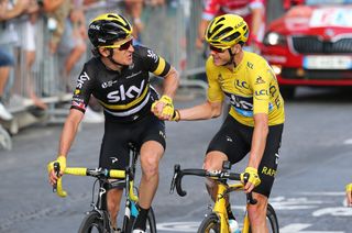 Geraint Thomas with Chris Froome on the finish line of the 2016 Tour de France