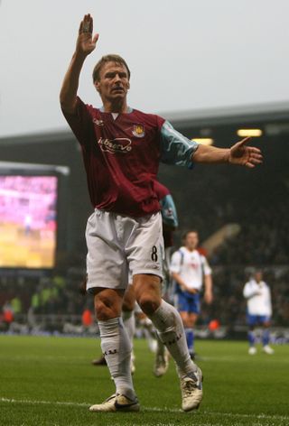 Teddy Sheringham celebrates his Boxing Day goal for West Ham against Portsmouth in 2006
