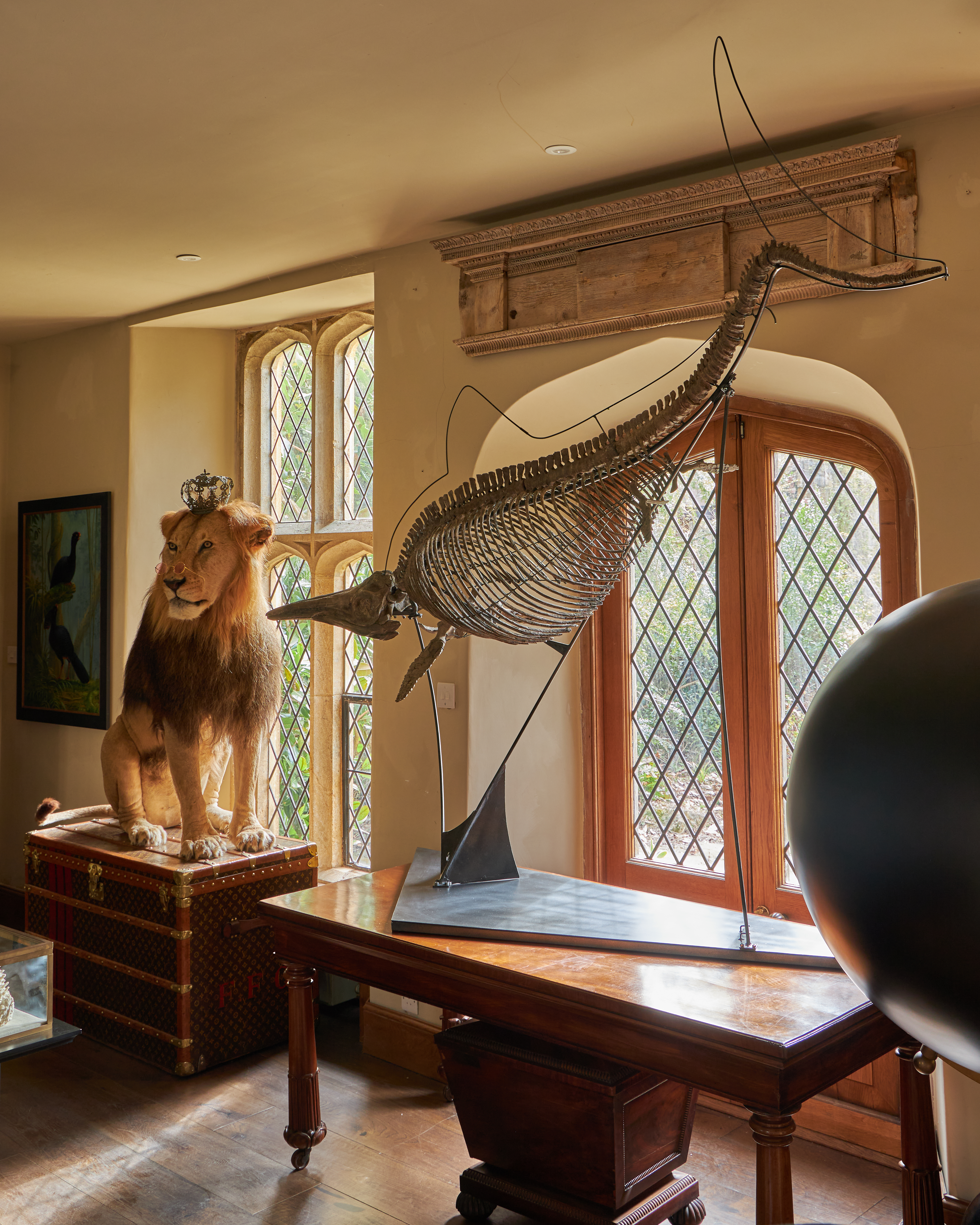 A taxidermied lion wearing a tiara and a Ichthyosaurus skeleton
