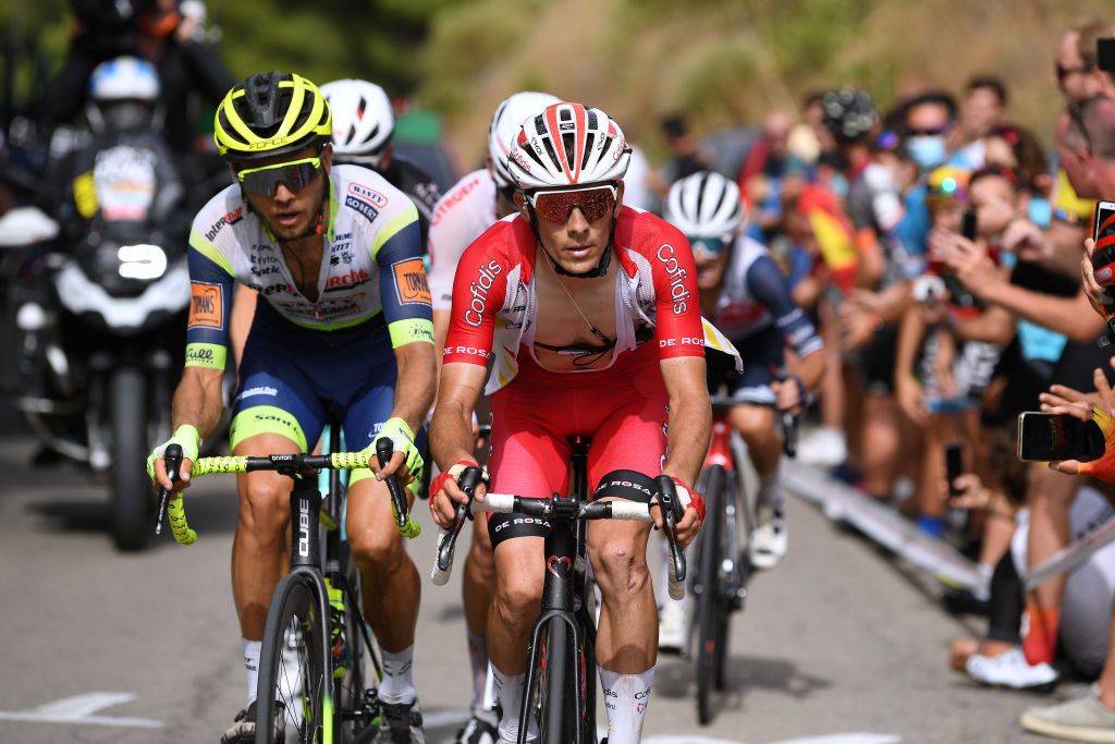 RINCON DE LA VICTORIA SPAIN AUGUST 24 LR Christian Eiking Odd of Norway and Team Intermarch Wanty Gobert Matriaux and Guillaume Martin of France and Team Cofidis in the Breakaway during the 76th Tour of Spain 2021 Stage 10 a 189km stage from Roquetas de Mar to Rincn de la Victoria lavuelta LaVuelta21 on August 24 2021 in Rincon De La Victoria Spain Photo by Tim de WaeleGetty Images