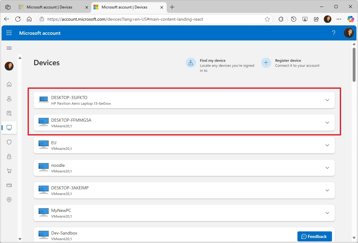 Microsoft account devices list