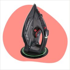Best steam iron - the Morphy Richards easycharge on a pink graphic background 
