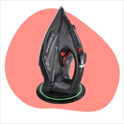 Best steam iron - the Morphy Richards easycharge on a pink graphic background