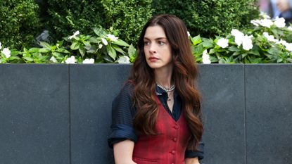 Anne Hathaway is seen on the set of "Devil Wears Prada 2" on July 28, 2025 in New York City