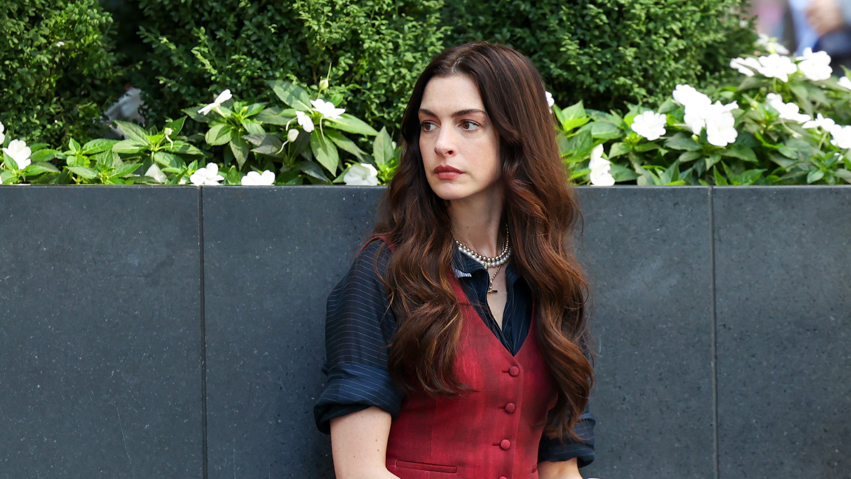 Anne Hathaway is seen on the set of &quot;Devil Wears Prada 2&quot; on July 28, 2025 in New York City